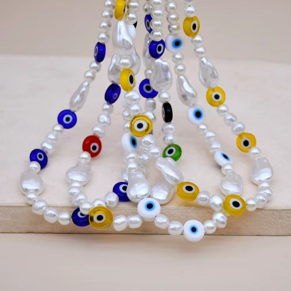 4 Colors Choice Boho Murano Glass Evil Eye Beads Necklace Handmade Turkish Evil Eye Baroque Pearl Chokers Women Jewelry