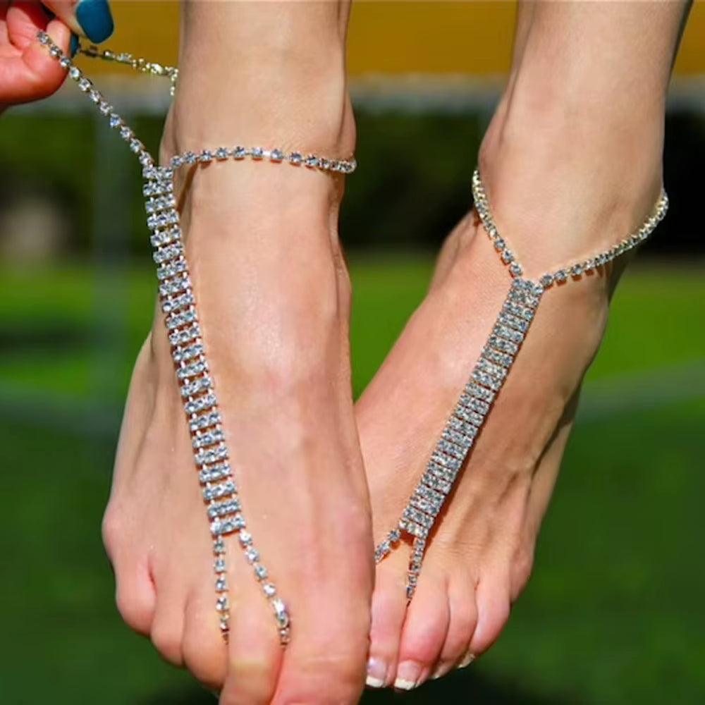 Boho Foot Jewelry for Women Crystal Anklet Bracelet Rhinestone Ankle Foot Chain Toe Ring Barefoot Sandal Beach Accessories Femme