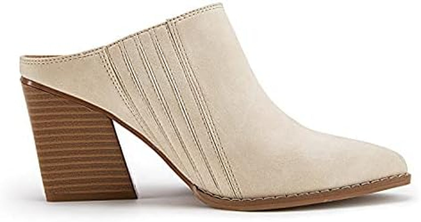 Womens Stacked Mules Heel Booties Pointed Closed Toe Backless Western Slip on Chunky Boots