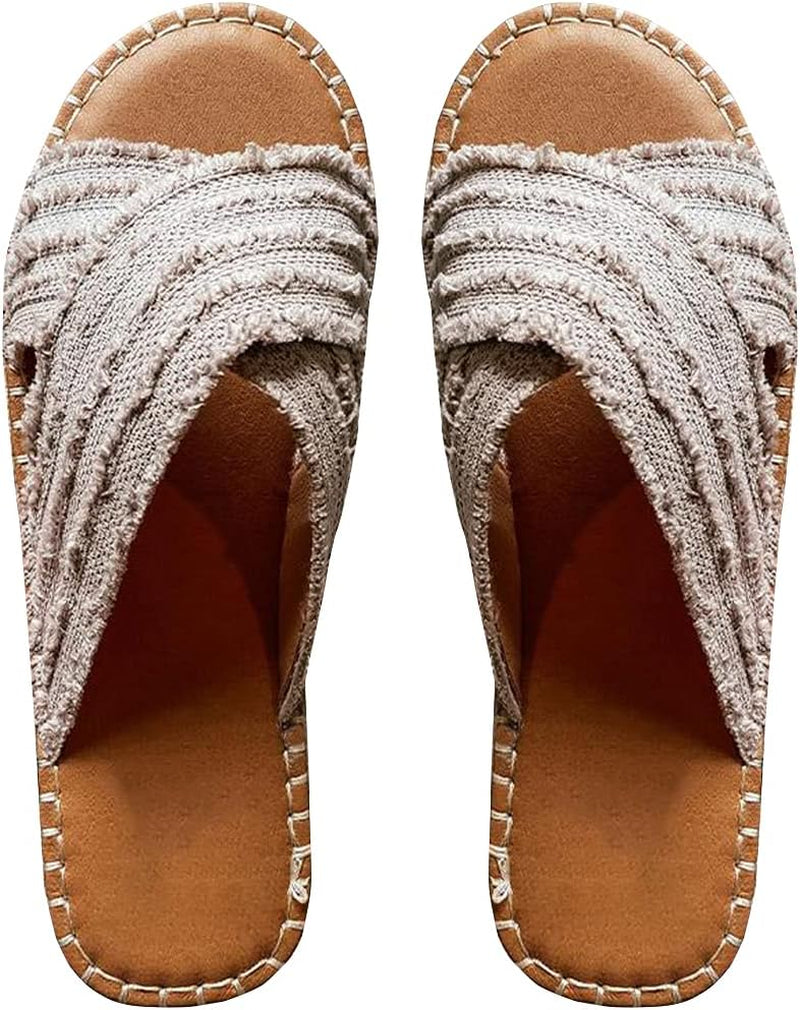 CLEO ESPADRILLE SLIDES, Cleo Cross Sandals-Flat-Bottomed Textile Cross Upper Rubber Espadrille Sole Sandals