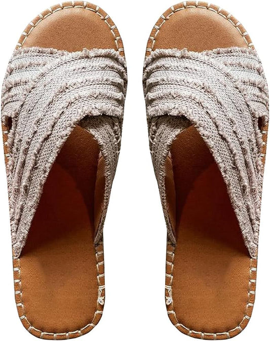 CLEO ESPADRILLE SLIDES, Cleo Cross Sandals-Flat-Bottomed Textile Cross Upper Rubber Espadrille Sole Sandals