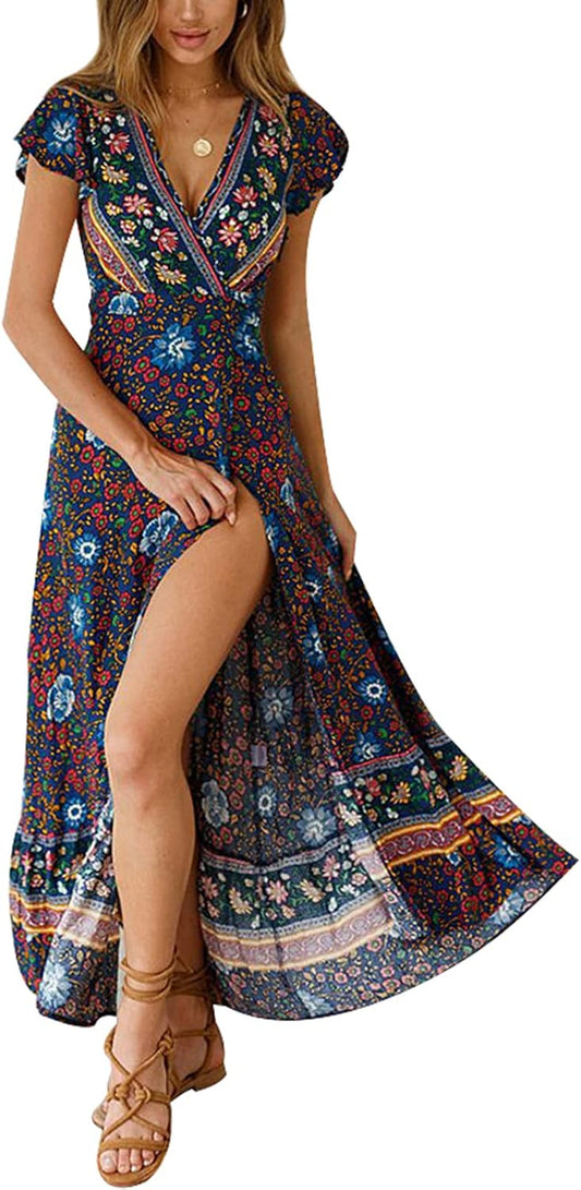 Womens Boho Wrap Dresses: Women Summer Maxi Midi Beach Bohemian Floral Dress Short Sleeve V-Neck Casual Size S-XL