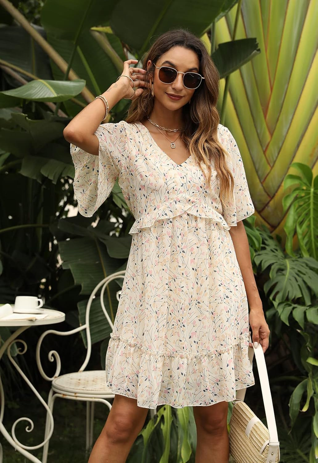 Women'S Chiffon Floral Print V Neck Casual Mini Boho Ruffle Swing Dress MY068