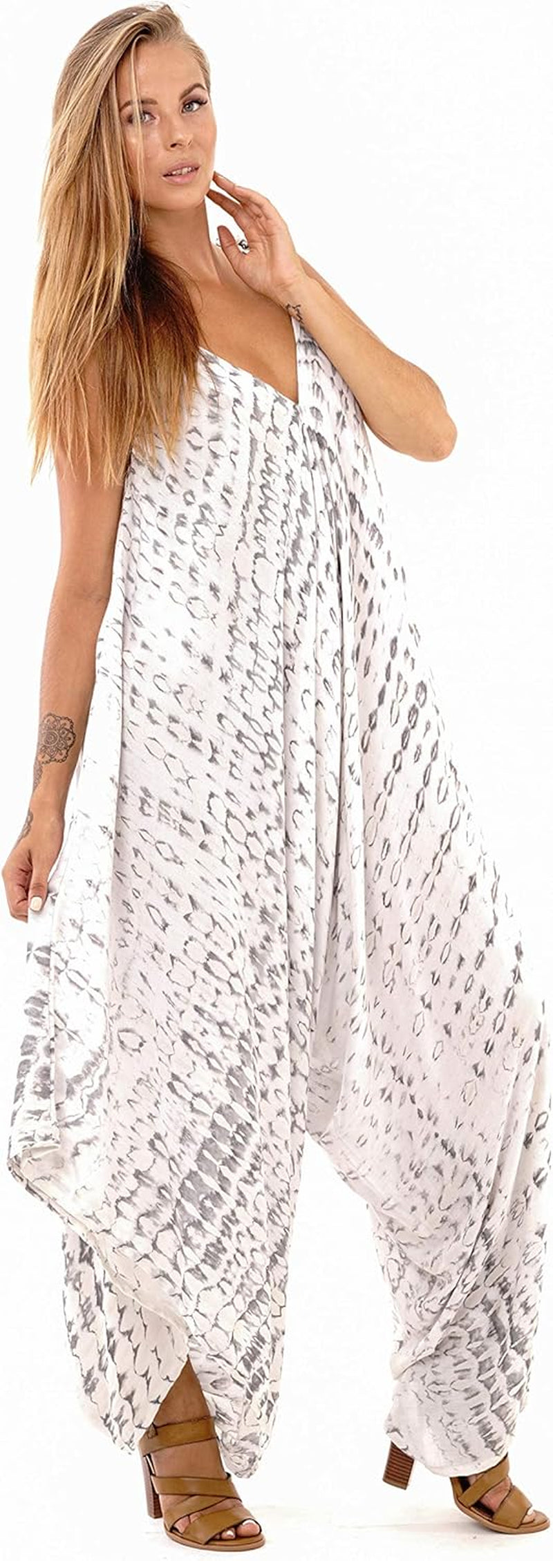 Womens Boho Harem Jumpsuit Casual Sleeveless One Piece Romper Wide Leg Loose Fit Tie Dye