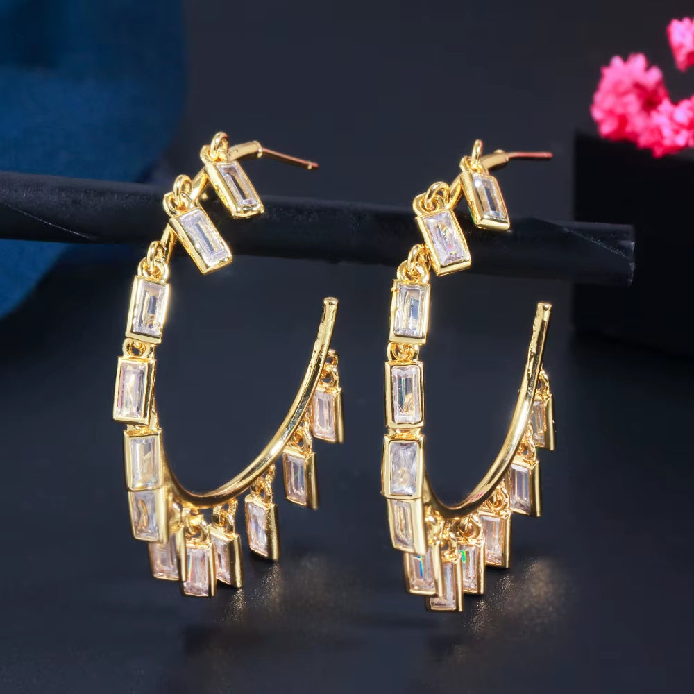 Chic Gold Color Rainbow CZ Big Circle round Dangle Tassel Drop Charms Hoop Earrings for Women 2021 Boho Jewelry CZ818