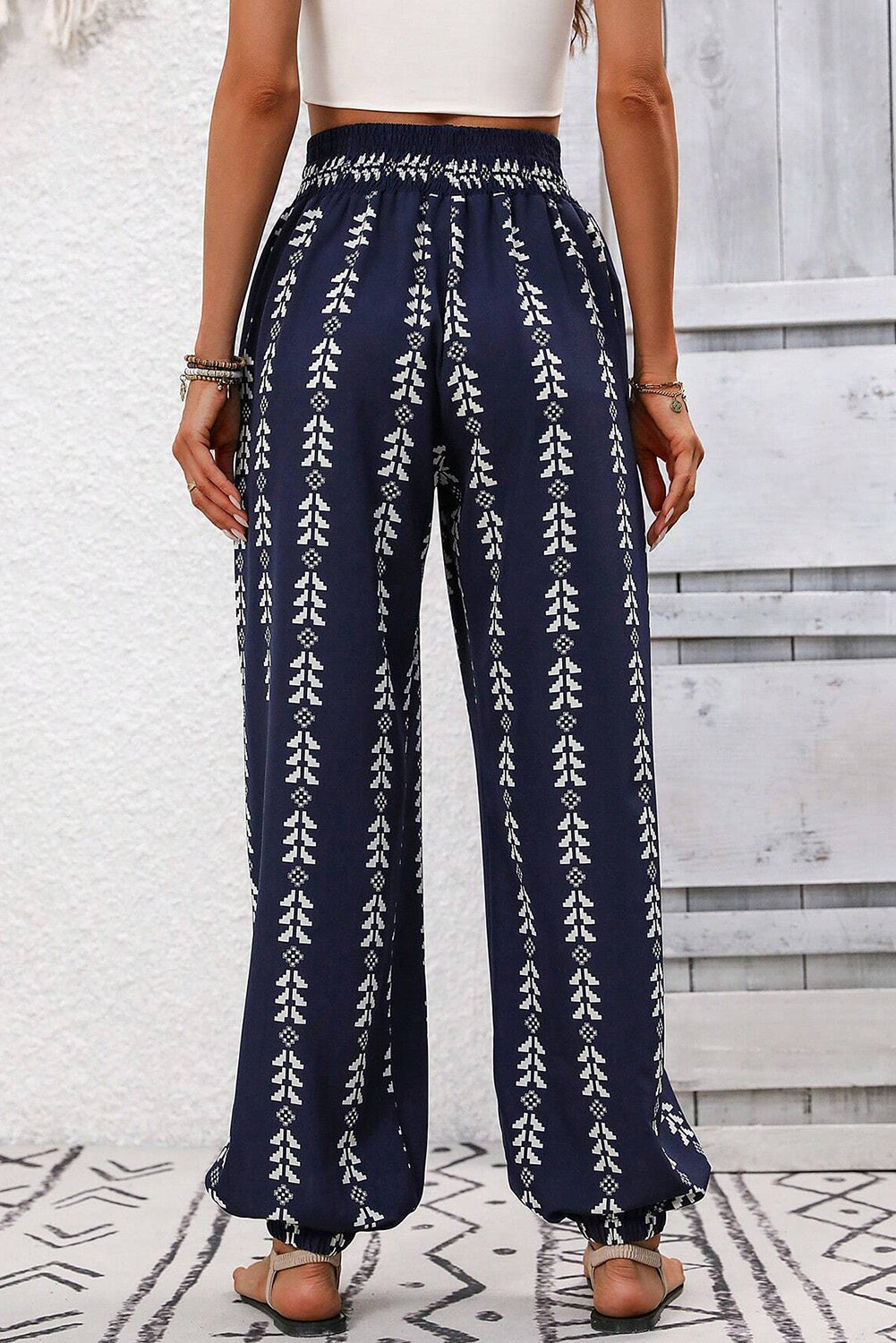 Blue Geometric Print Drawstring High Waist Pants