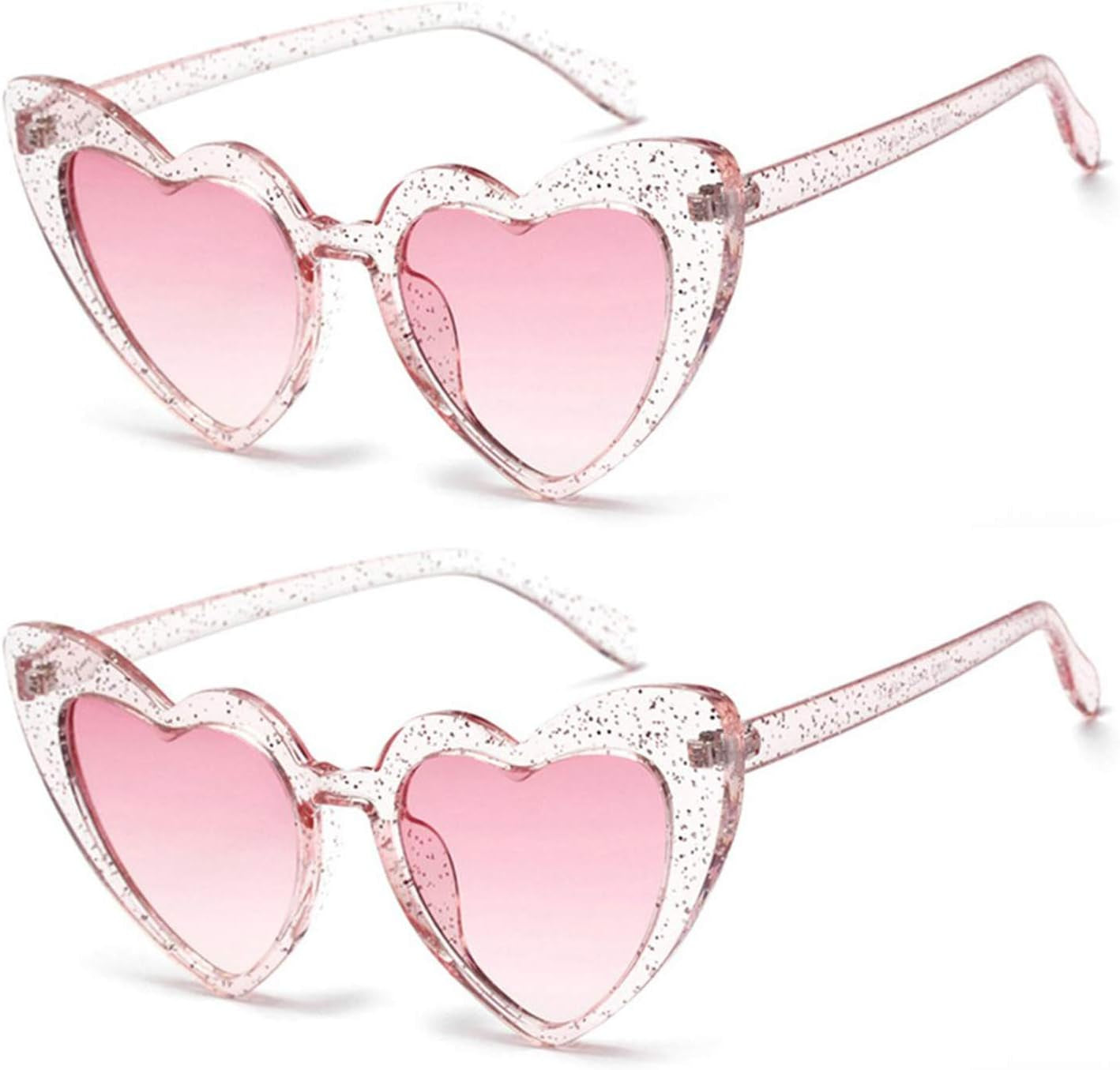 2 Pack Clout Heart Shaped Sunglasses Goggles Vintage Cat Eye Mod Style Retro Kurt Cobain Glasses (Glitter*2)