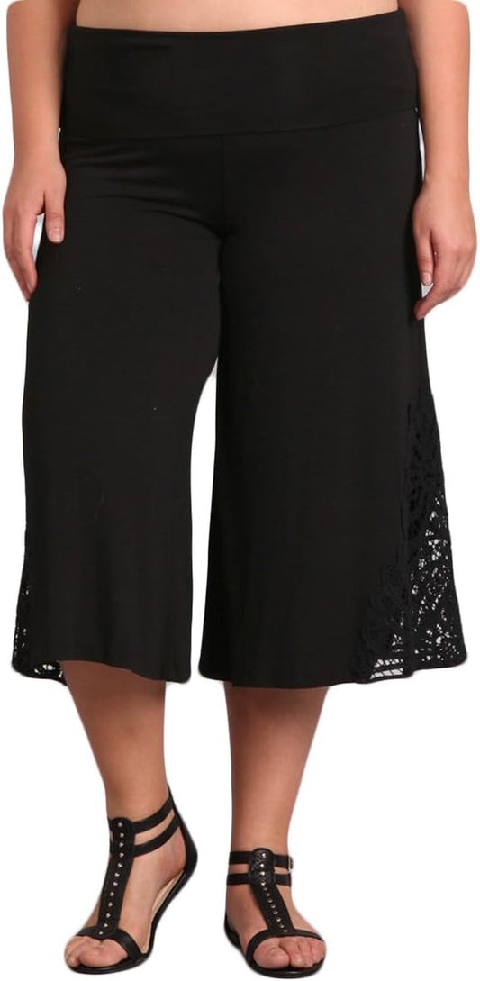 Women'S Solid Tie Dye Wide Leg Flared Capri Boho Gaucho Pants W/Lace Detail