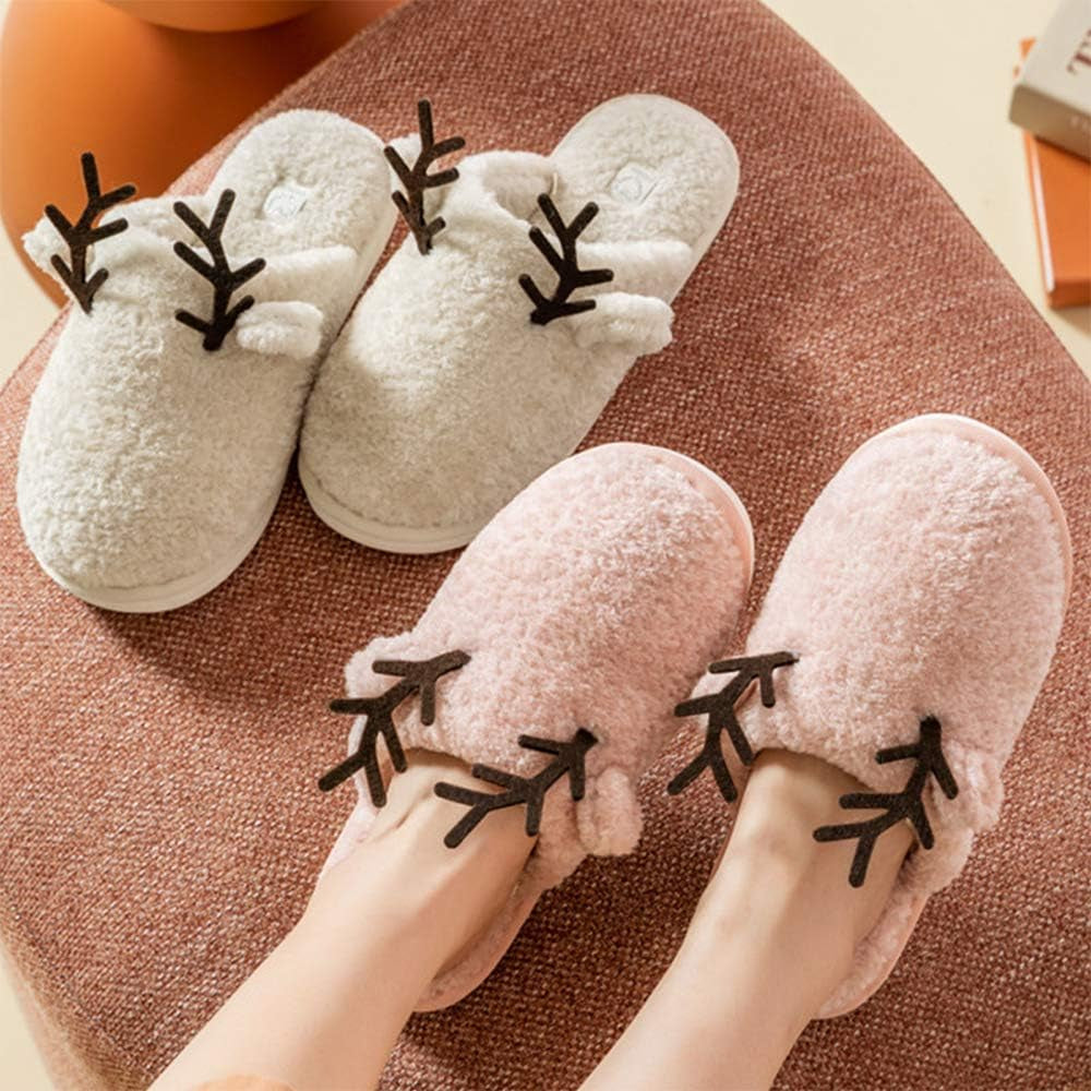 Women'S Cozy Fuzzy Fleece Slippers Memory Foam House Shoes Slide on Reindeer anti Slip Bedroom Slippers Indoor Outdoor