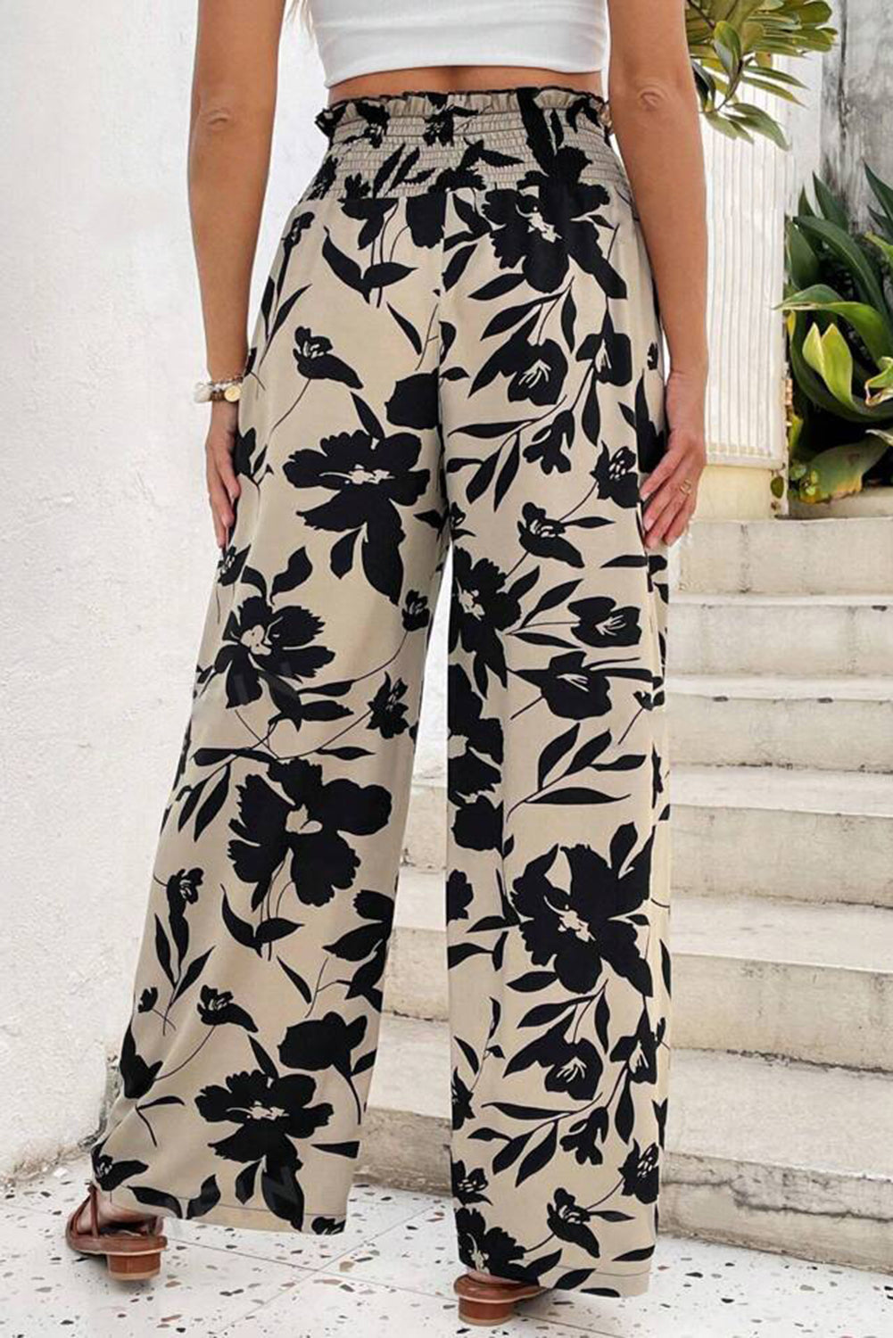 Khaki Floral Smocked Frill Waist Wide Leg Pants