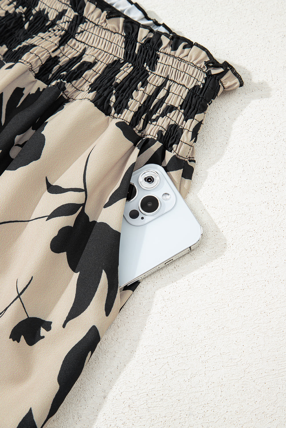 Khaki Floral Smocked Frill Waist Wide Leg Pants