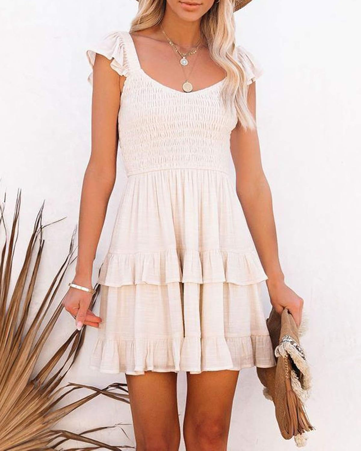 Women'S Casual Summer Mini Dress Smocked Ruffles Sun Beach Babydoll Dress Layered Flowy Swing Dresses