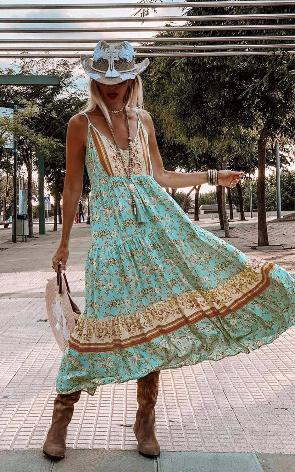 Women'S Dresses Floral Adjustable Spaghetti Strap V Neck Boho Long Maxi Dress Summer Beach Flowy Ethnic Sundress