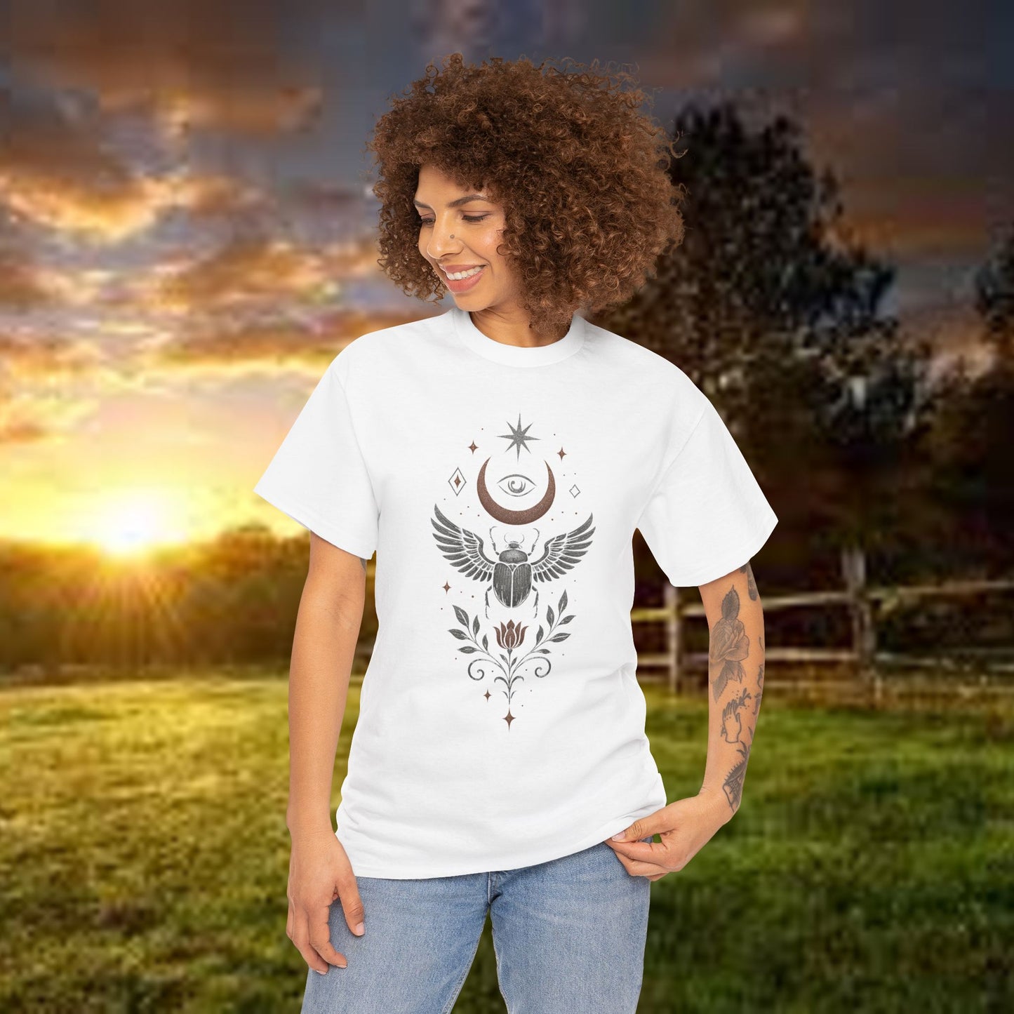 Boho Tee -Celestial Guardian: Eye of the Scarab Design