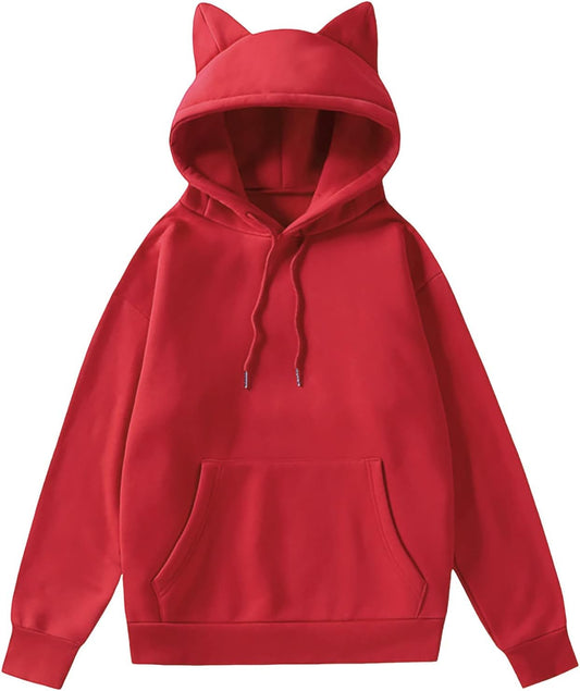 Women'S Hoodie Cat Ear Print Cute Tops Blouse Autumn Long Sleeve Pocket Sweatshirt Hooded Pullover Shirt