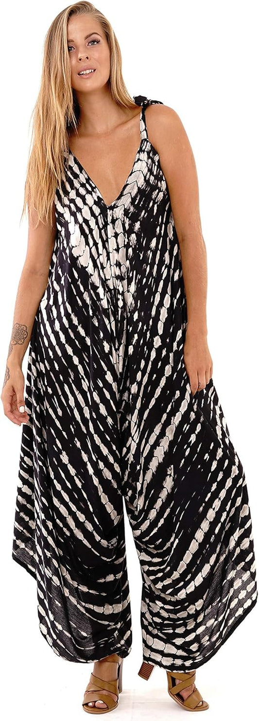 Womens Boho Harem Jumpsuit Casual Sleeveless One Piece Romper Wide Leg Loose Fit Tie Dye