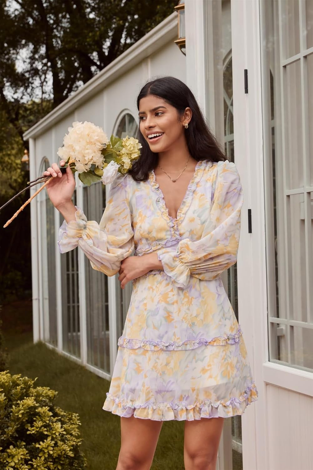 Womens 2025 Spring Summer Deep V Neck Long Sleeve Backless Ruffle Floral Flowy Mini Dress