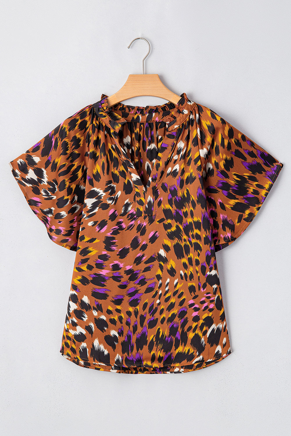 Orange Leopard Printed Short Sleeve Slit V Neck Blouse