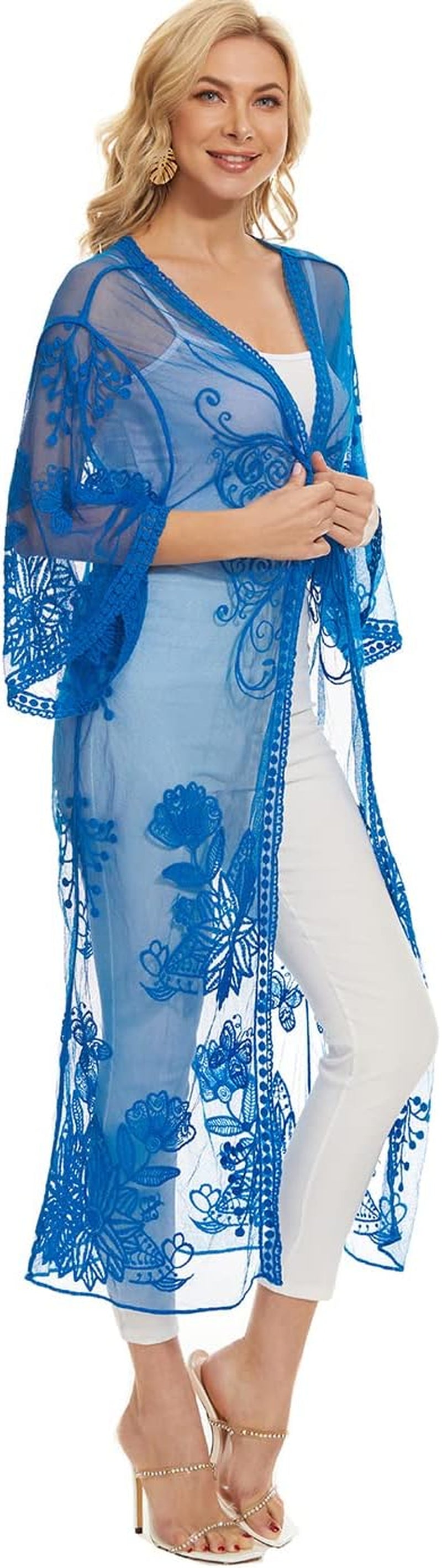 Bikini Cover up Women Boho Beach Wears Summer Long Lace Duster Chemise Kimono Blue 210126