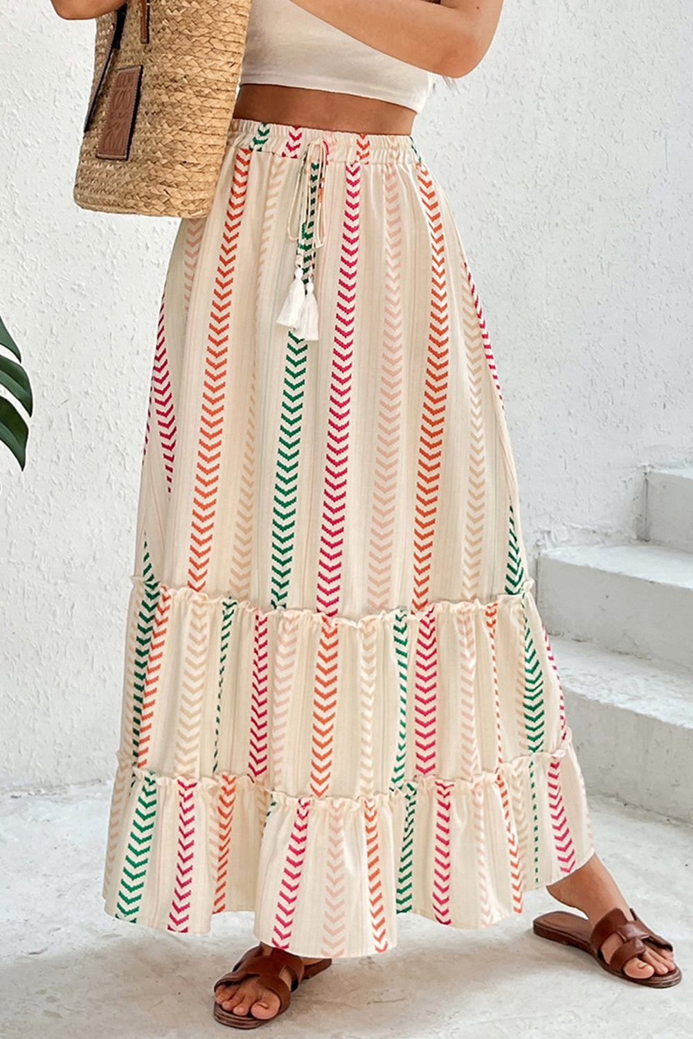 Multicolour Stripe Boho Tassel Tie Waist Tiered Maxi Skirt