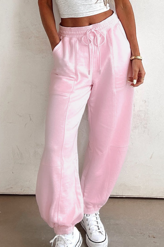Light Pink Tie Elastic Waist Solid Color Patchwork Jogger Pants