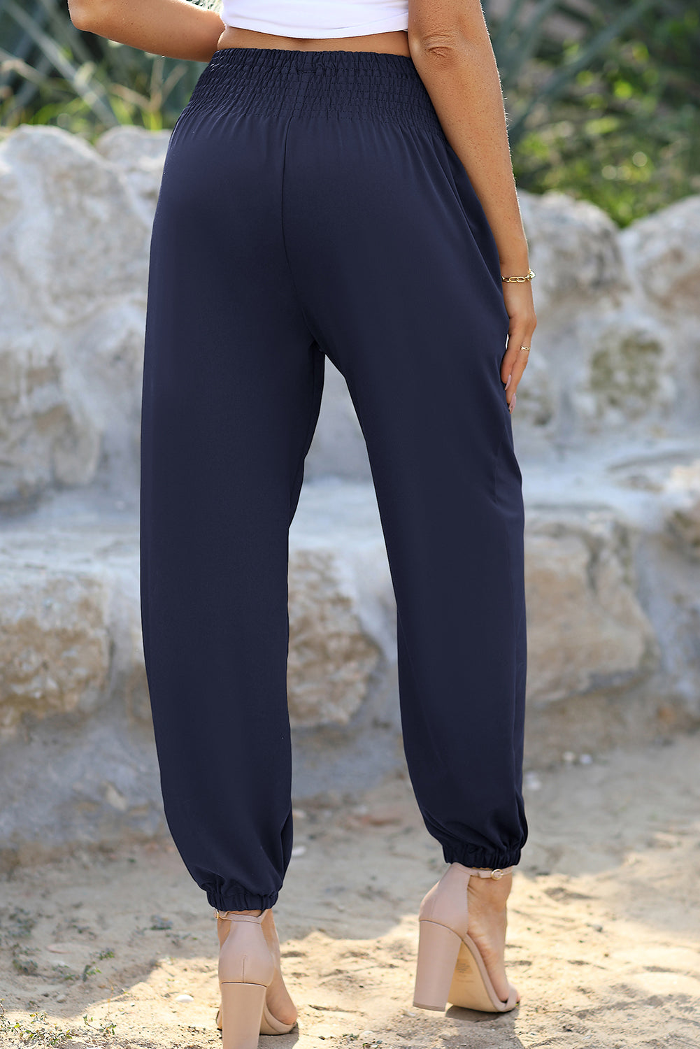 Navy Blue Shirred Smocked High Waist Joggers
