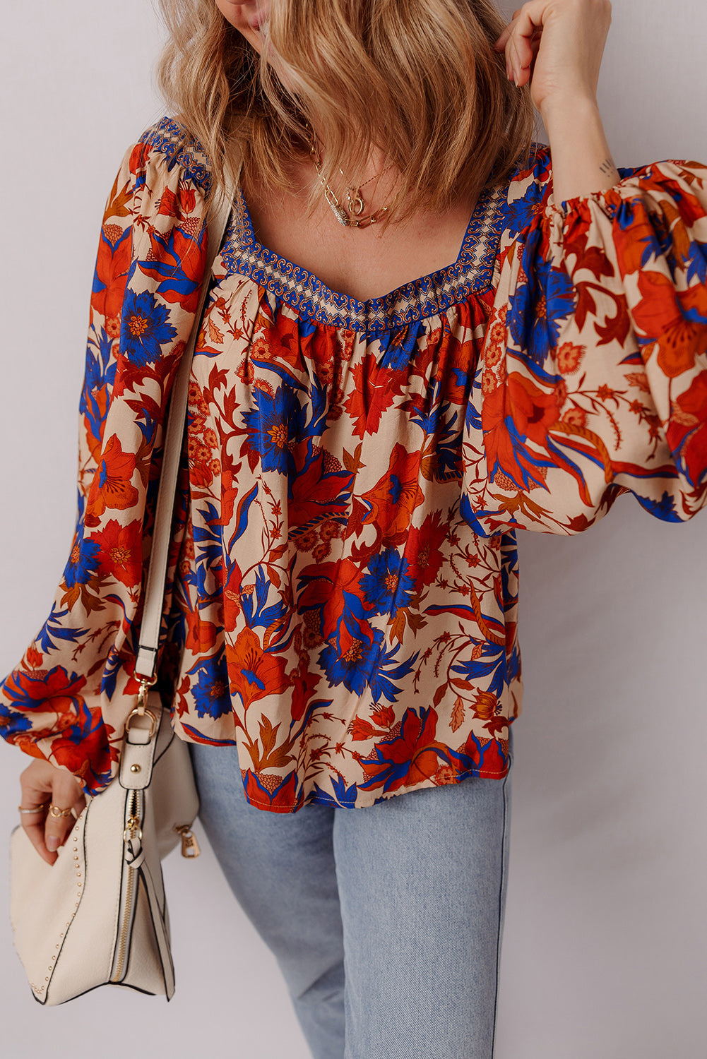 Multicolour Floral Print Square Neck Loose Fit Blouse