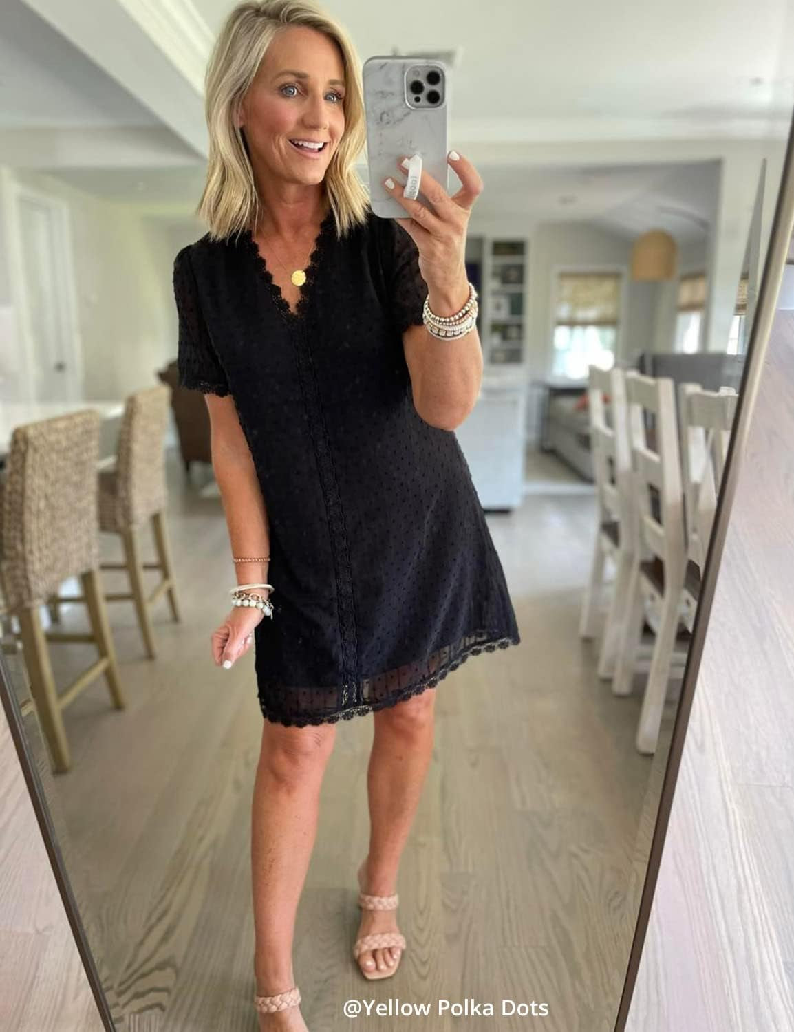 Women'S Summer V Neck Casual Short Sleeve Swiss Dot Lace Shift Dress