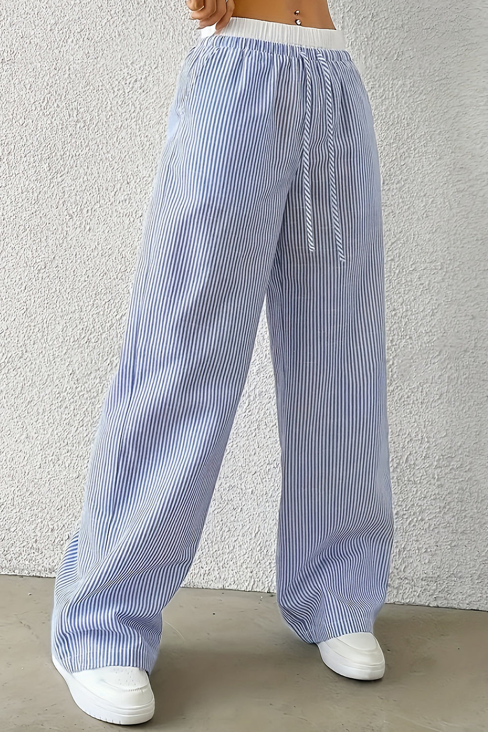 Sky Blue Stripe Drawstring  High Waist Pants