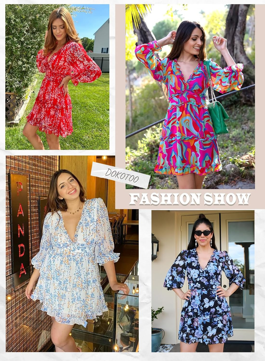 Womens 2025 Spring Summer Deep V Neck Long Sleeve Backless Ruffle Floral Flowy Mini Dress