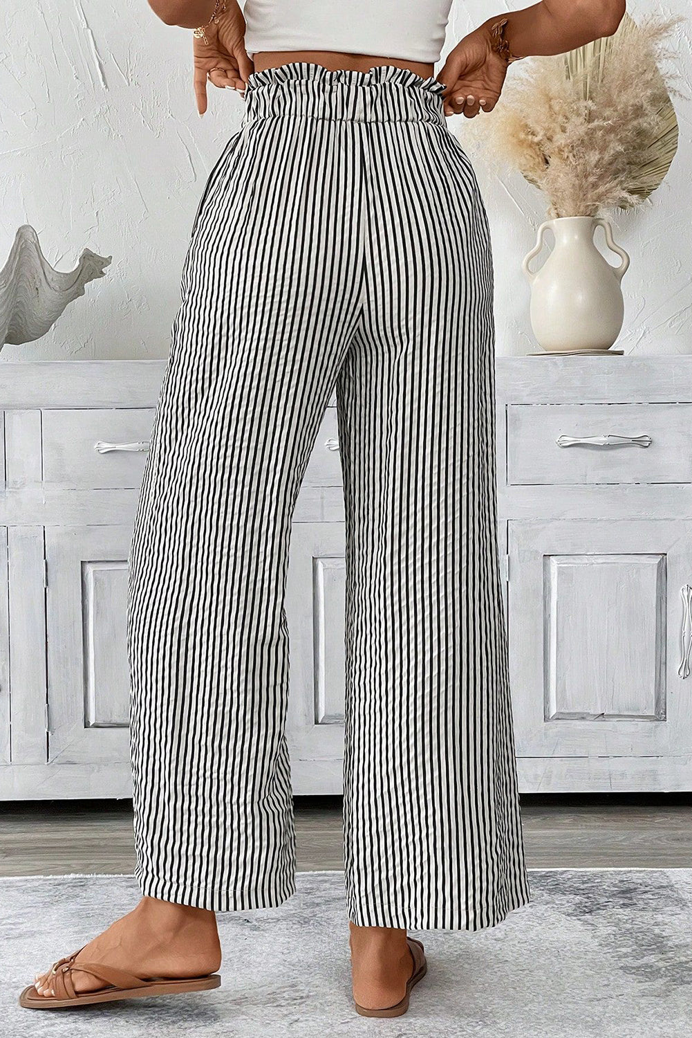 Black Striped Frill Knot Waist Decor Pants
