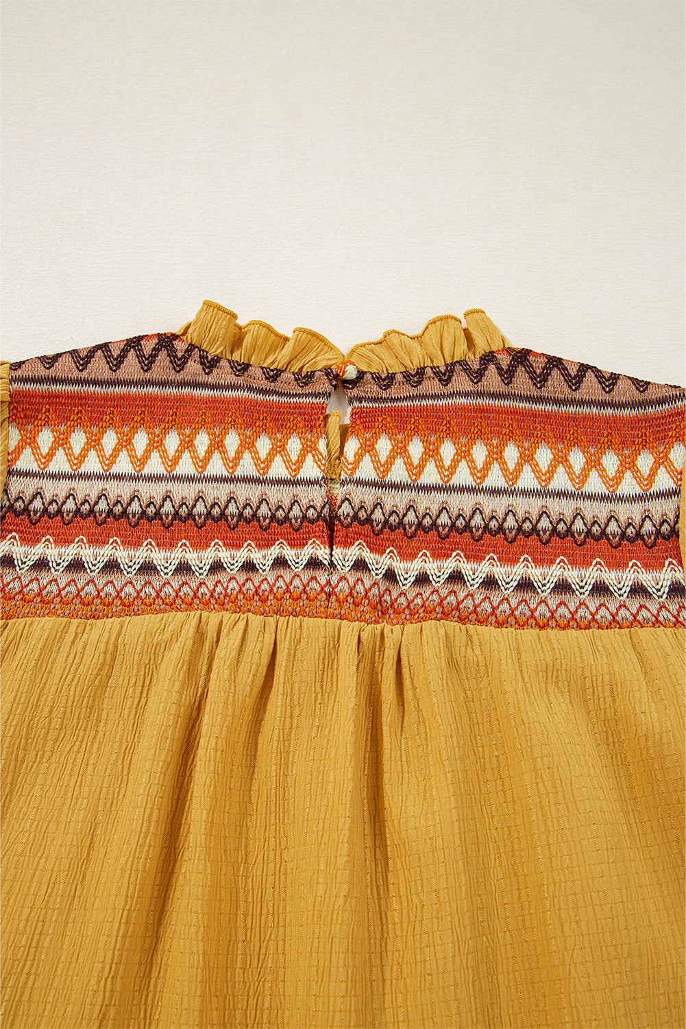 Mustard Geometric Short Puff Sleeve Frill Neck Blouse