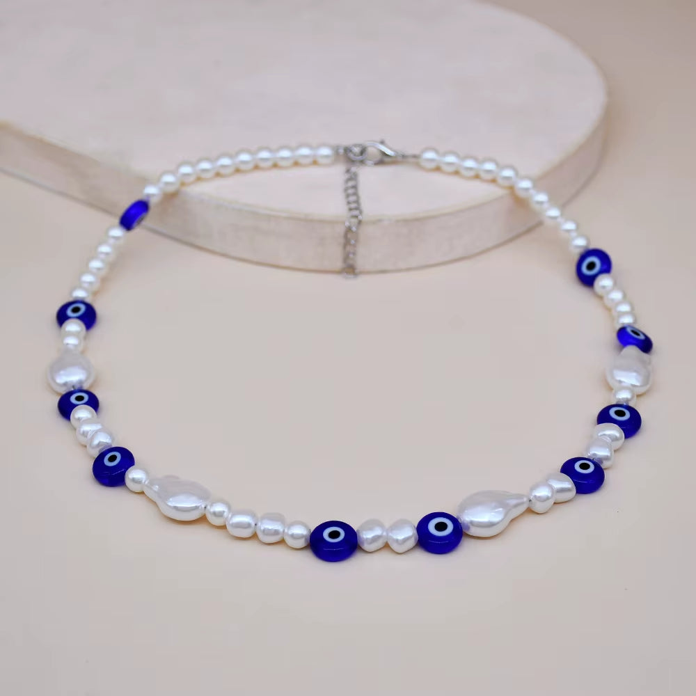 4 Colors Choice Boho Murano Glass Evil Eye Beads Necklace Handmade Turkish Evil Eye Baroque Pearl Chokers Women Jewelry