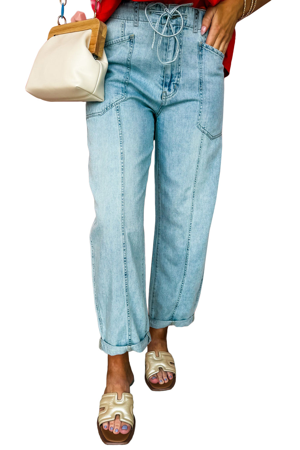 Myosotis Exposed Stitch Detail Drawstring Barrel Jeans