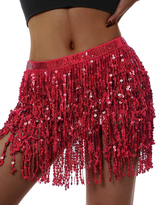 Women Girl Y2K Rave Skirt Fringe Skirt Sequin Tassel Skirt Belly Dance Hip Scarf Rave Wrap Skirt Club Mini Skirt (Red, One Size)
