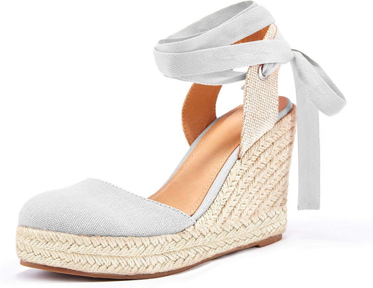 Womens Espadrilles Wedge Sandals Platform Closed Toe Ankle Strap Lace up Summer Shoes