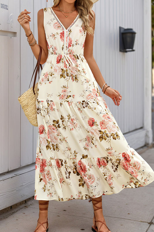 White Floral Print V Neck Sleeveless Tiered Dress