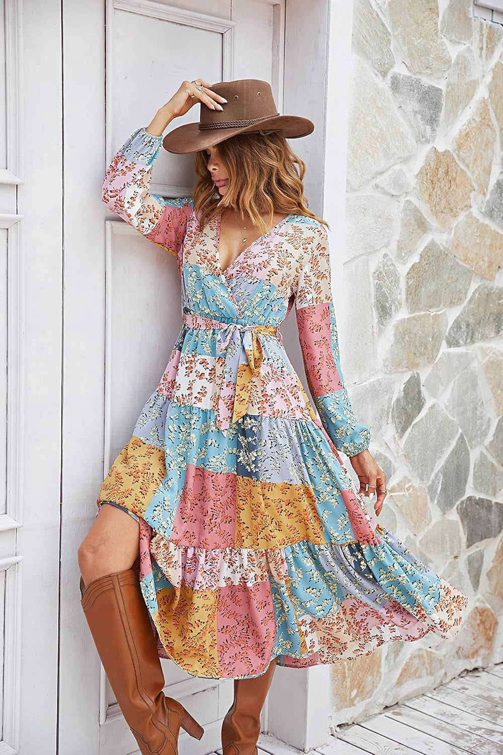 Womens Boho Fall Floral Print Ruffle Wedding Guest Deep Wrap V Neck Long Sleeve Casual Flowy Party Maxi Dress
