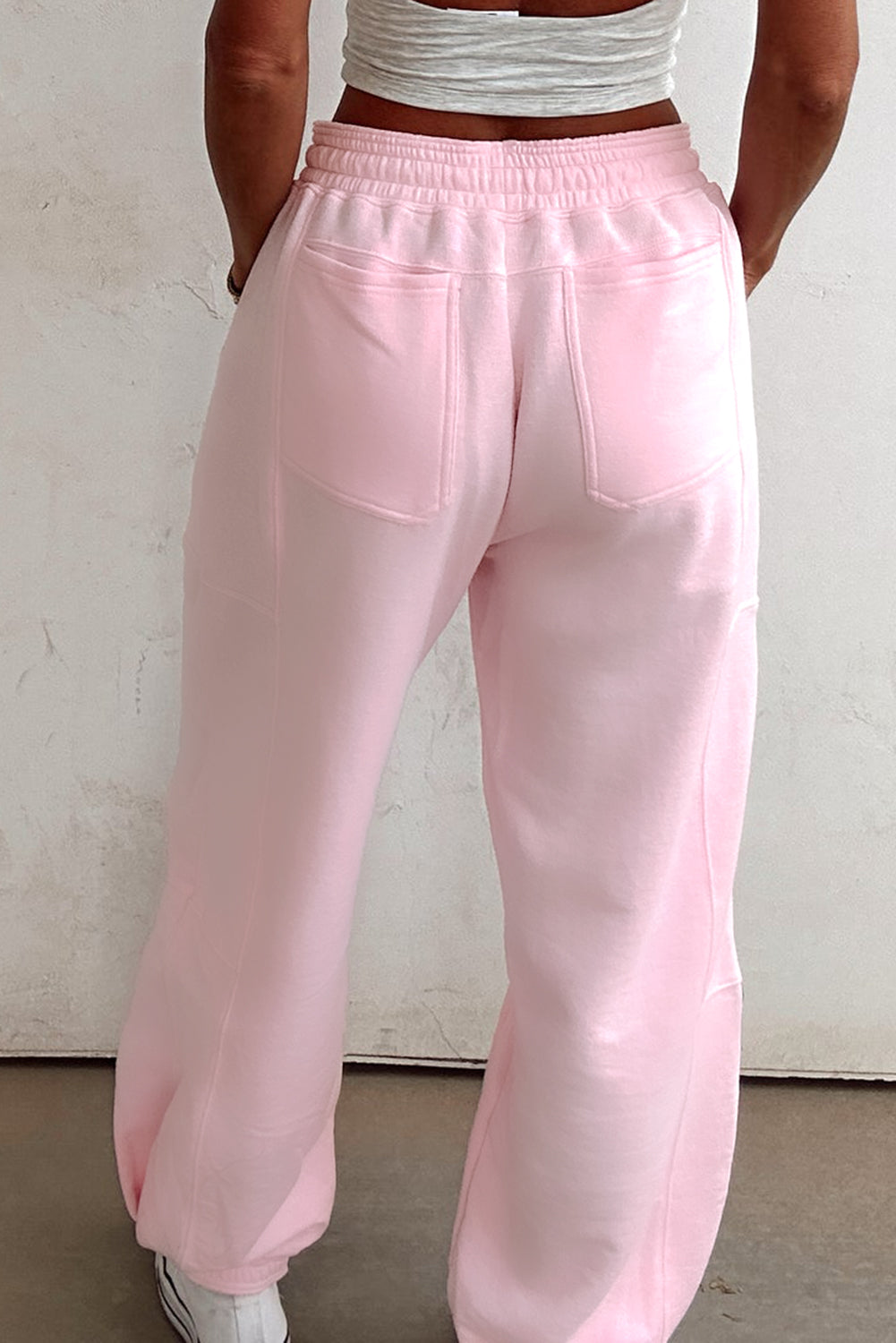 Light Pink Tie Elastic Waist Solid Color Patchwork Jogger Pants