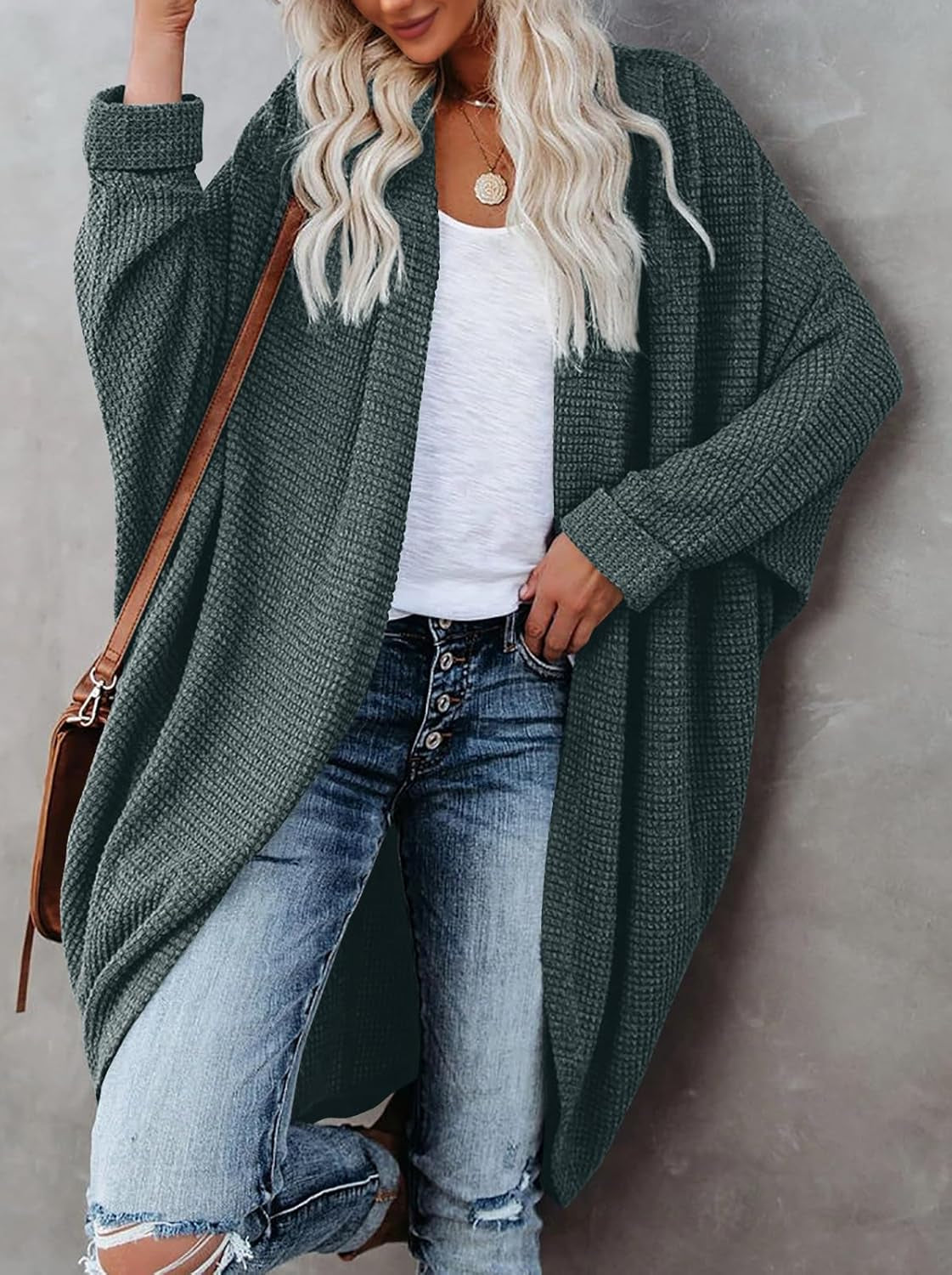 Womens Open Front Knit Cardigan Long Batwing Sleeve Oversized Sweater Chunky Waffle Cable Boho Pockets Coat
