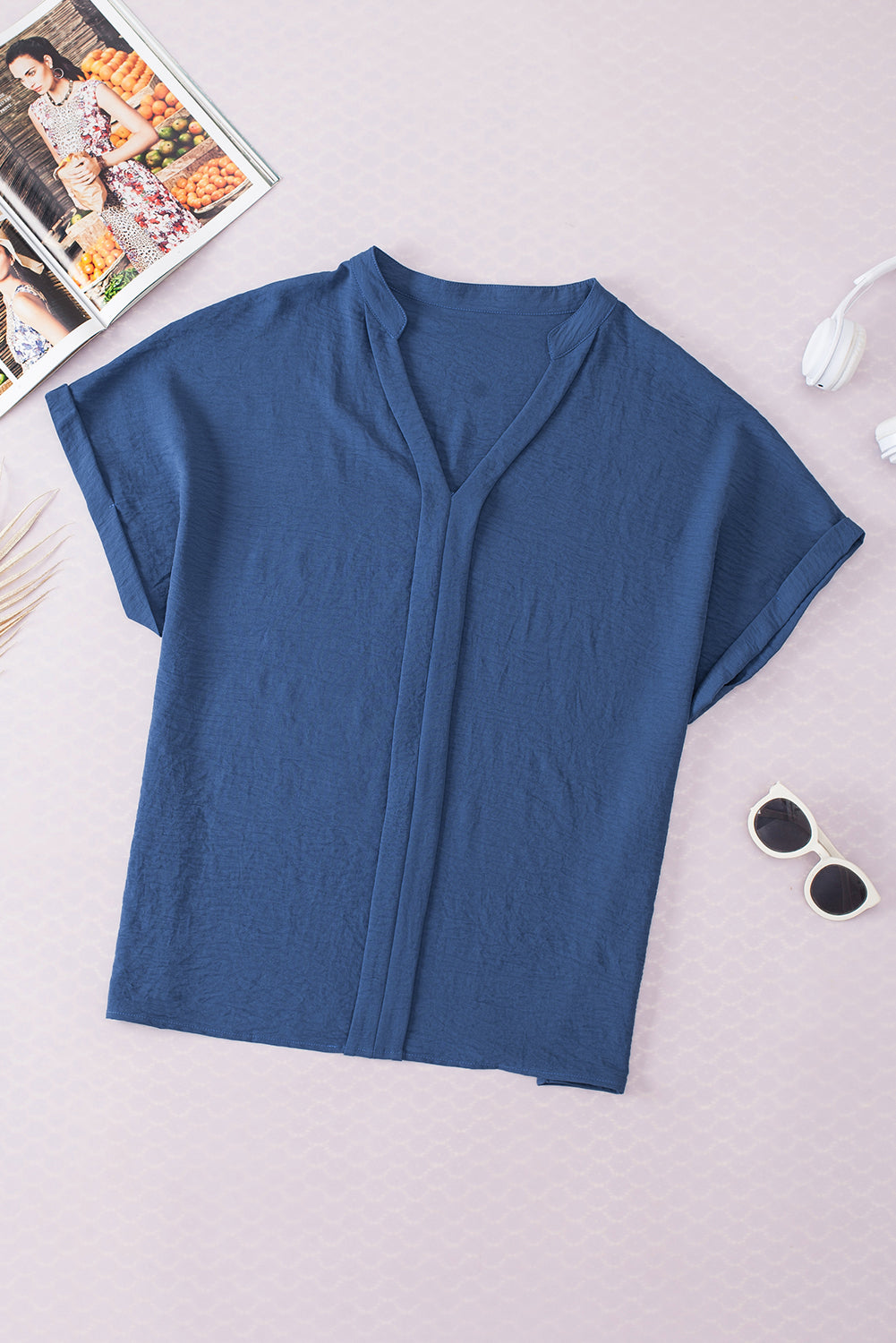 Sail Blue Notched Neck Batwing Sleeve Blouse