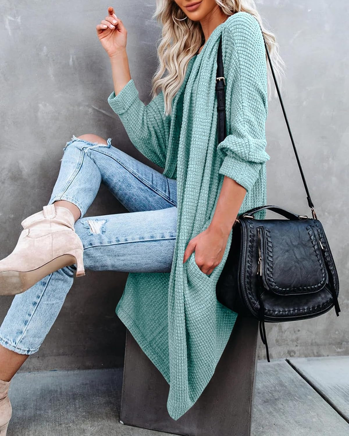 Womens Open Front Knit Cardigan Long Batwing Sleeve Oversized Sweater Chunky Waffle Cable Boho Pockets Coat