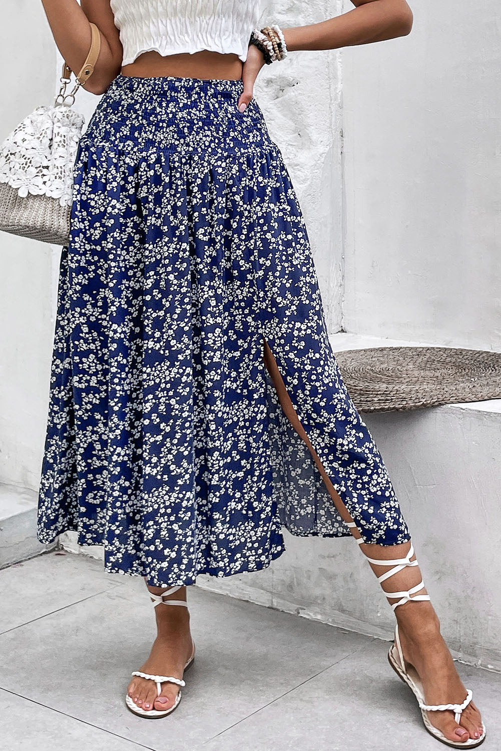 Navy Blue Floral Print Side Split Long Skirt