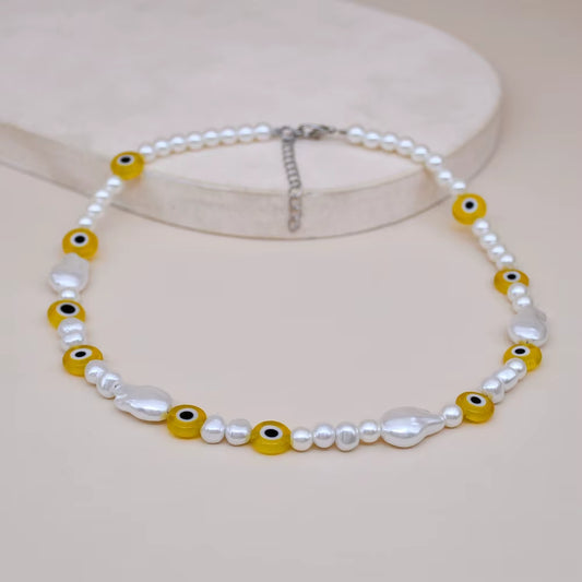 4 Colors Choice Boho Murano Glass Evil Eye Beads Necklace Handmade Turkish Evil Eye Baroque Pearl Chokers Women Jewelry
