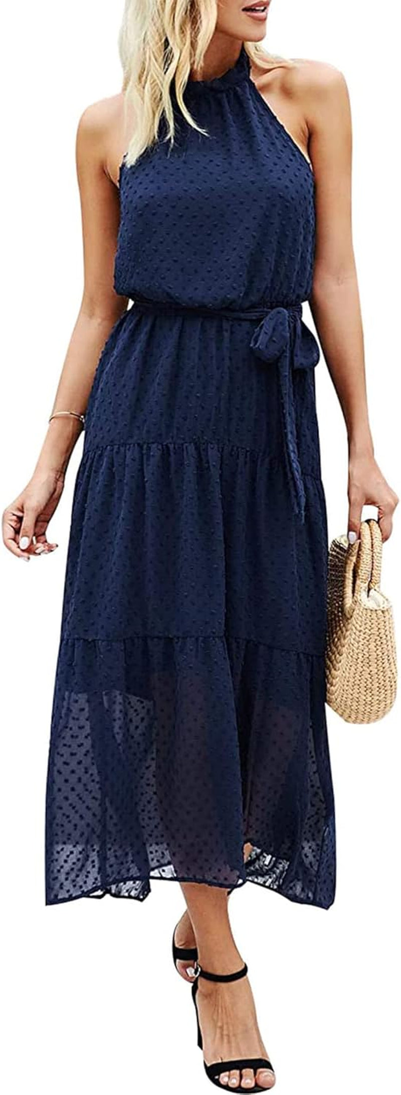 Women’S Halter Neck Floral Long Maxi Dress Casual Sleeveless Backless Dresses Loose Ruffle Sundress with Belt