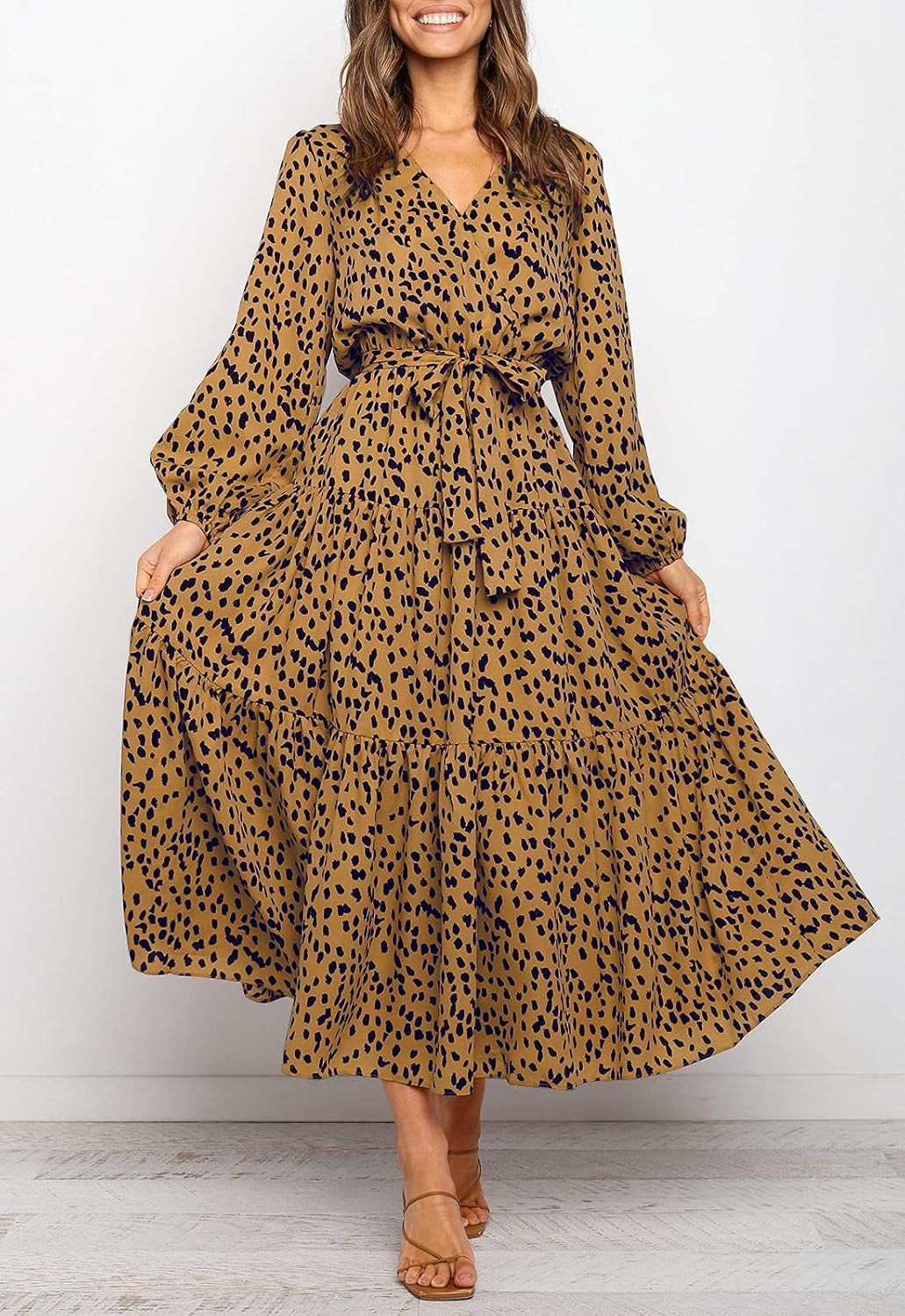 Women'S Boho Leopard Print Ruffle Long Sleeve V Neck Casual Flowy Party Maxi Dress