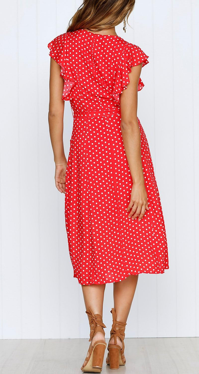 Women'S Boho Polka Dot Flutter Short Sleeve V Neck Button down Swing Midi Dress with Pockets