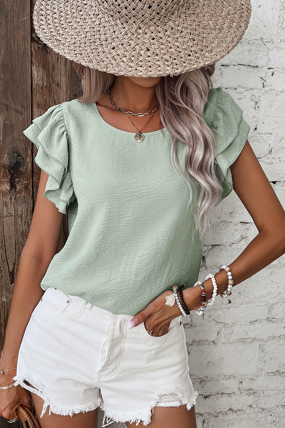 Clearly Aqua Solid Color Ruffle Sleeve Crinkled Blouse