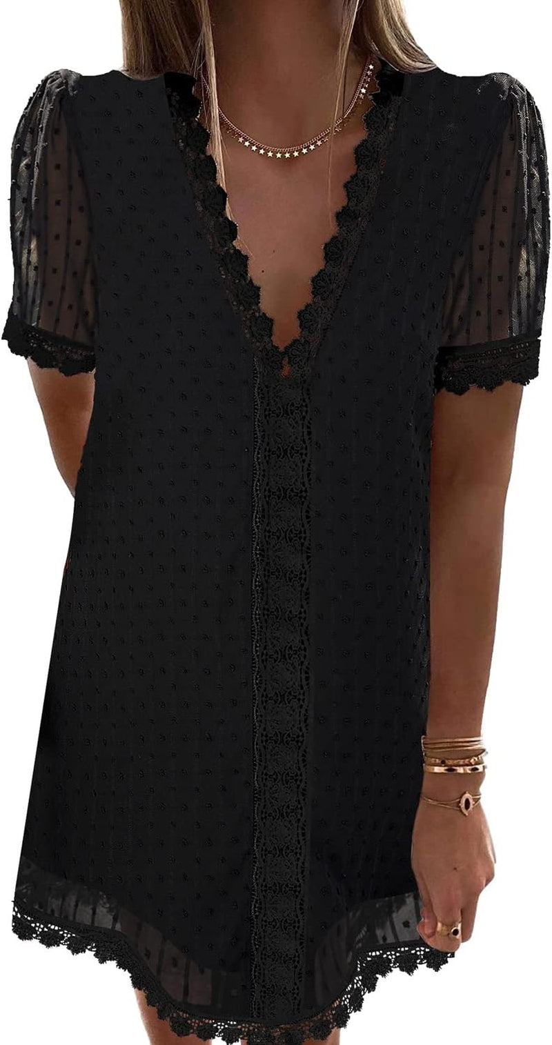 Women'S Summer V Neck Casual Short Sleeve Swiss Dot Lace Shift Dress
