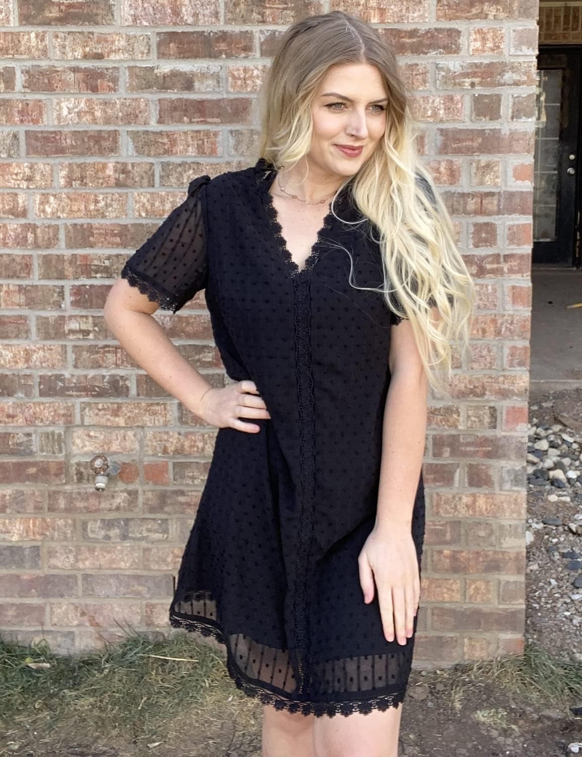 Women'S Summer V Neck Casual Short Sleeve Swiss Dot Lace Shift Dress